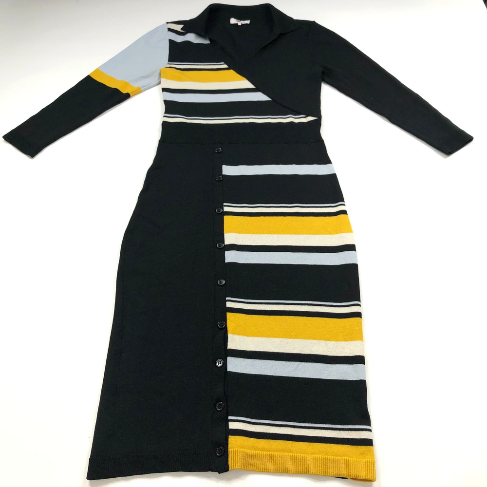 Parker Small Wool Sheath Women's Knee Length Midi Dress Striped Black PLS READ